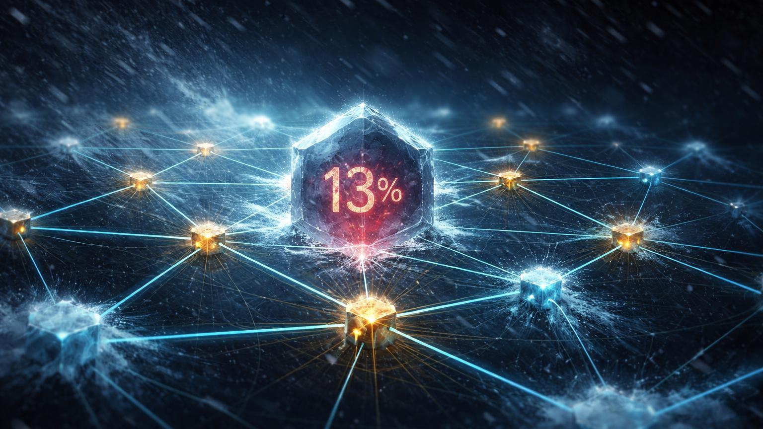 Rede hexagonal de mineração Bitcoin sob nevasca digital, nós apagando com '13%' central, simbolizando queda na dificuldade por tempestade nos EUA