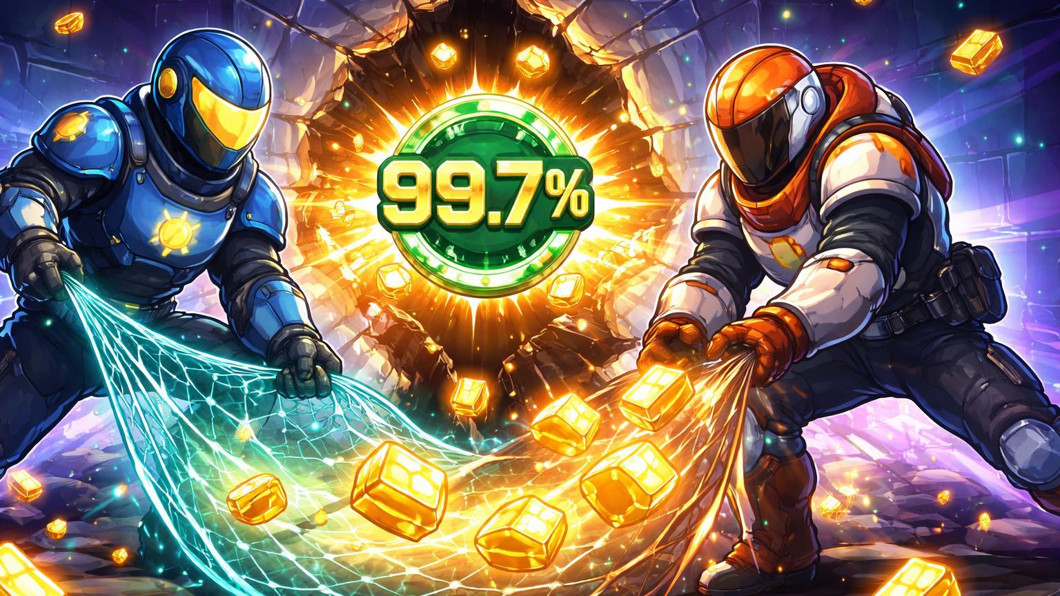 Figuras cartoon de exchanges unindo rede cyan e mão para resgatar energia dourada BTC, com selo 99.7%, simbolizando cooperação Binance-Bithumb