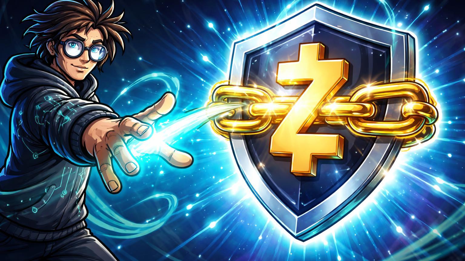 Personagem dev cartoon emitindo energia cyan para escudo Zcash reforçado, simbolizando apoio de Vitalik ao upgrade Crosslink de privacidade