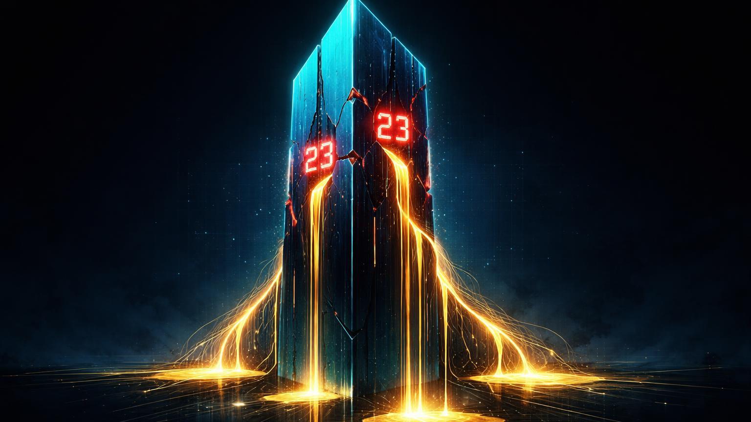 Torre cyberpunk com rachaduras '23' vermelhas e energia BTC dourada vazando, alertando premium negativo persistente no Coinbase