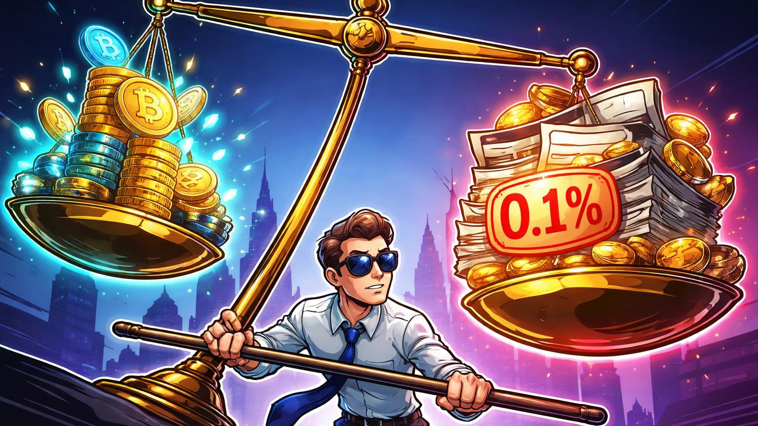 Trader cartoon em balança fiscal com selo 0,1% pressionando criptoativos dourados, representando nova taxa no Vietnã