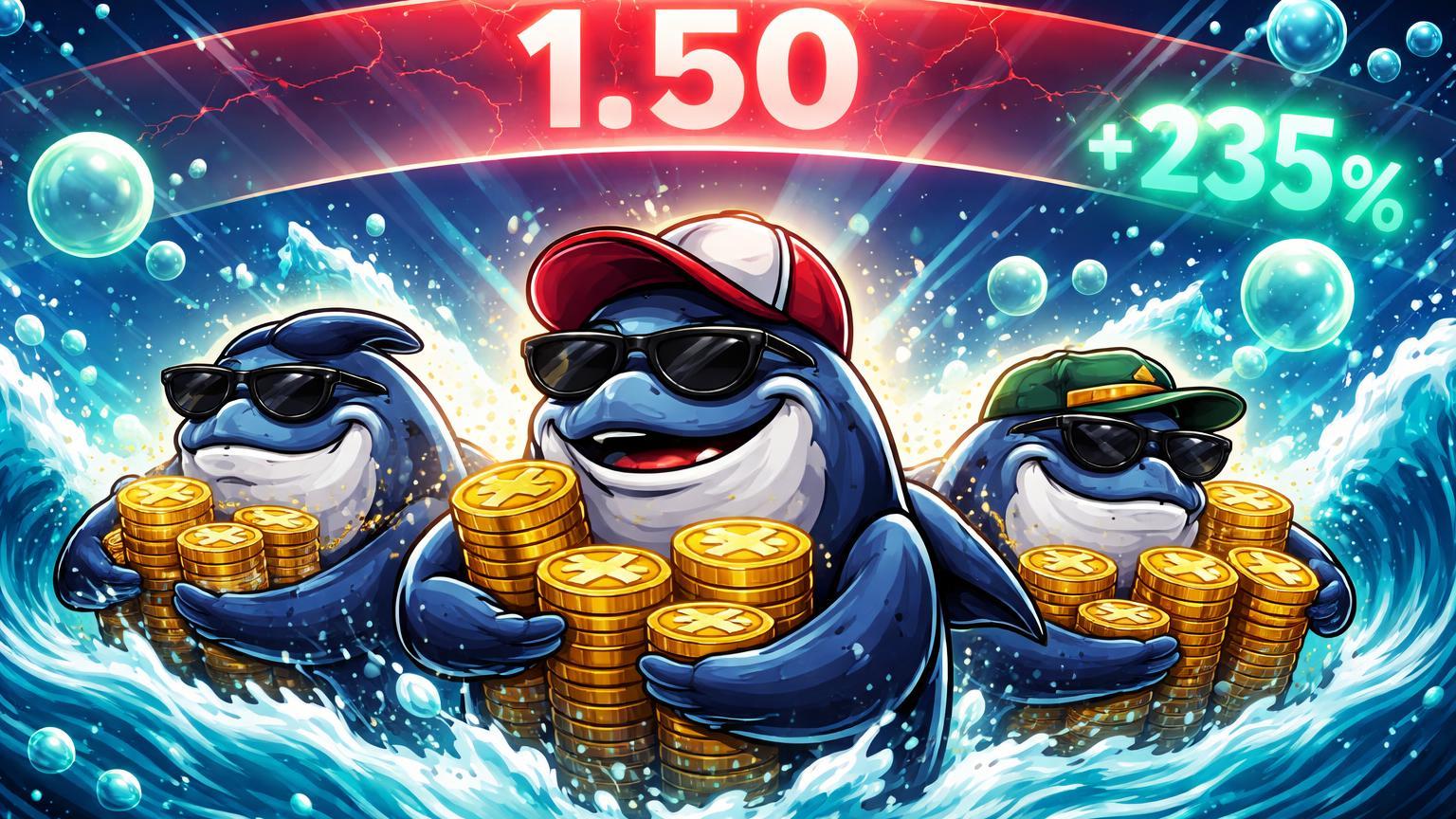 Baleias cartoon emergindo de oceano digital acumulando XRP perto de barreira 1.50 com explosão de volume +235%, sinalizando rotação alta em XRP