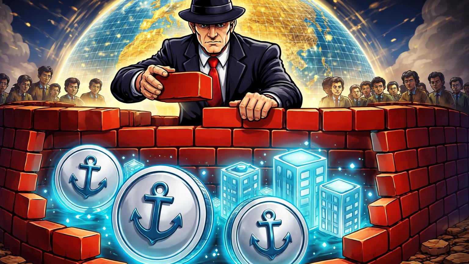 Figura cartoon reguladora erguendo muralha vermelha ao redor de stablecoins e RWAs, simbolizando repressão chinesa a cripto e geopolítica global