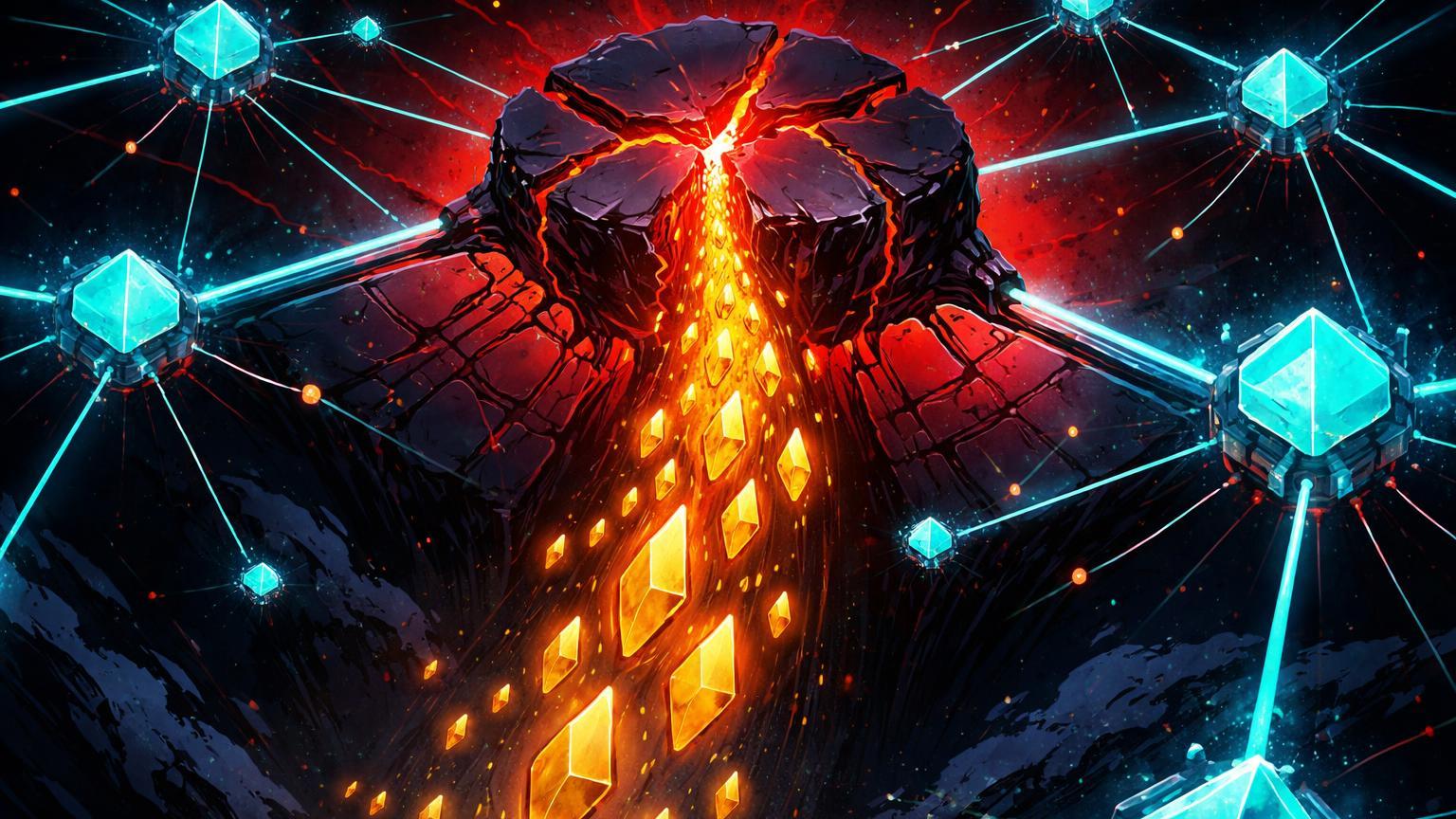 Nó sobrecarregado em rede DeFi rachando e liberando cascata de ETH, simbolizando venda massiva de baleia para evitar liquidação no Aave