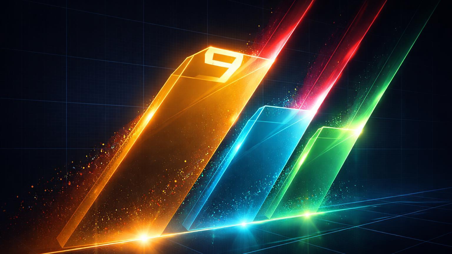 Formas geométricas translúcidas deflectindo fluxos vermelhos descendentes em partículas verdes, simbolizando exaustão de vendedores nos suportes de DOGE, ADA e UNI