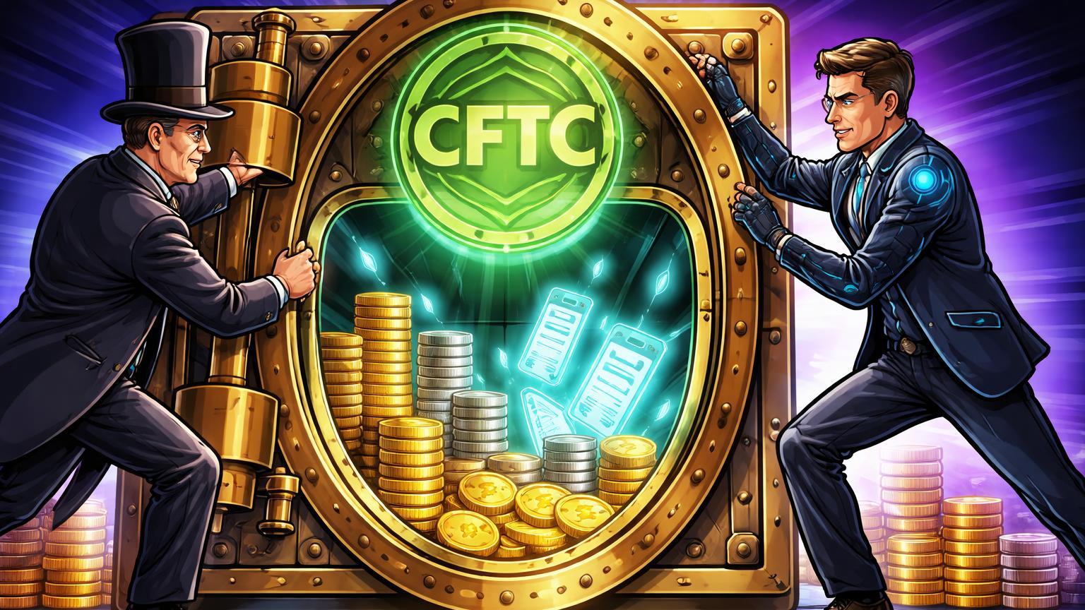 Banqueiros cartoon abrindo cofre bancário revelando stablecoins e selo CFTC, simbolizando legitimidade de cripto em bancos nos EUA e Russia