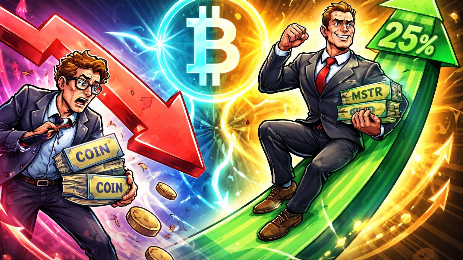 Personagens cartoon de Ark vendendo ações COIN em queda e MSTR celebrando alta de 25% com Bitcoin central, ilustrando correlações de ações cripto