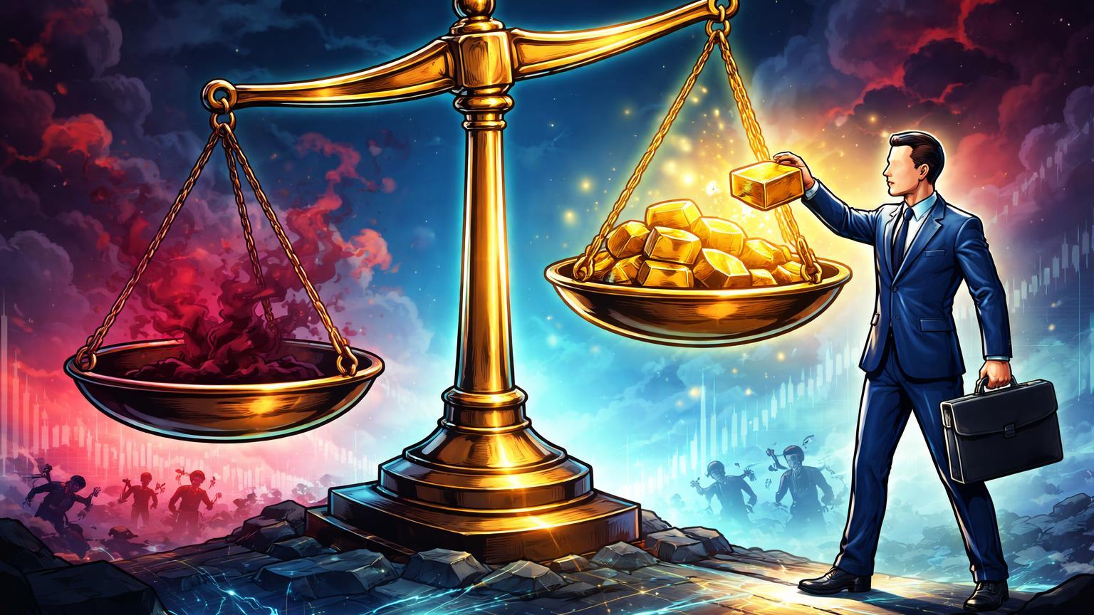 Balança editorial com influxo dourado elevando prato direito sobre saídas vermelhas vazias, executivo institucional absorvendo medo em ETFs de Bitcoin