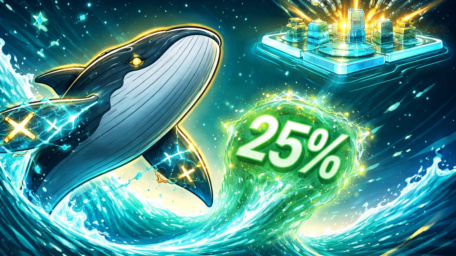 Baleia cartoon emergindo de oceano digital com XRP e 25% luminoso rumo a plataforma DeFi, simbolizando alta e roadmap institucional da Ripple