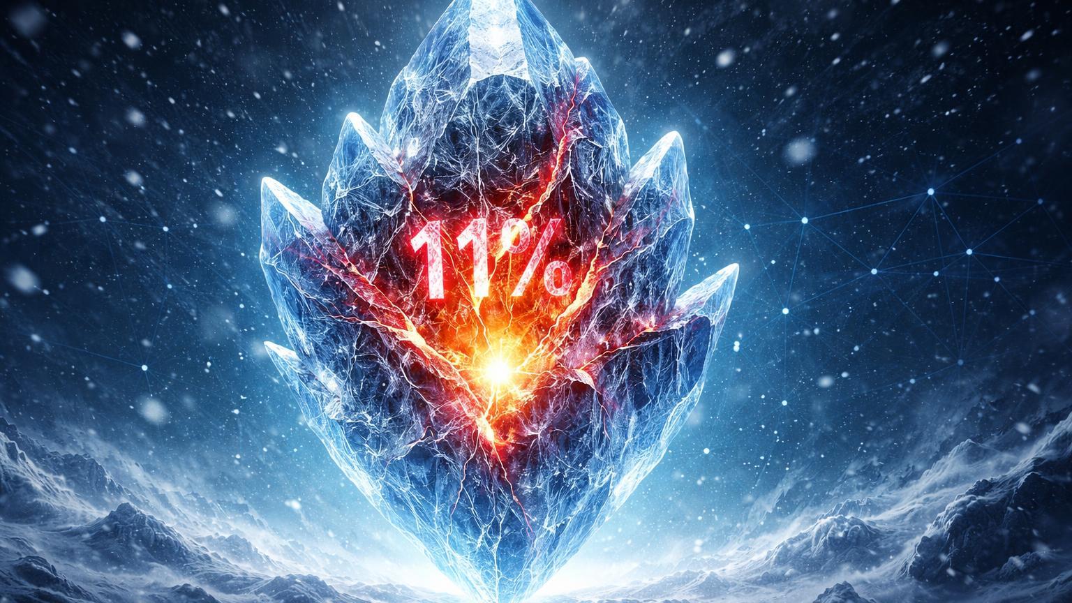 Cristal de gelo colossal rachando com '11%' nas fissuras revelando núcleo dourado, simbolizando queda recorde na dificuldade de mineração Bitcoin por neve nos EUA