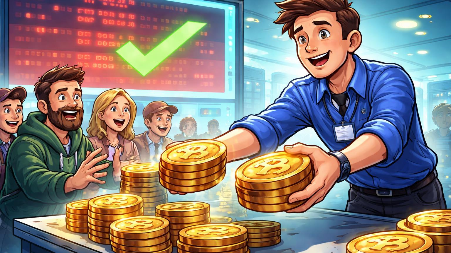 Caixa cartoon de exchange entregando pilhas de moedas BTC a usuários felizes, ilustrando compensação após erro bilionário na Bithumb