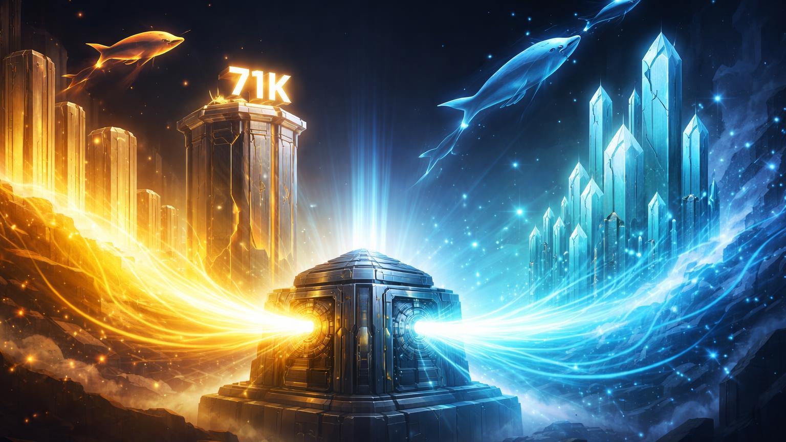 Fluxos dourado de BTC e prismático de ETH saindo de exchanges rachadas para pilares institucionais e cristais de staking, com 71K gravado, simbolizando acumulação forte