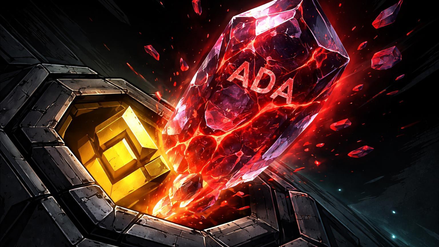 Cristal ADA rachado com faíscas vermelhas sendo removido de estrutura hexagonal, enquanto forma dourada BNB emerge, sinalizando risco para altcoins em fundo Grayscale