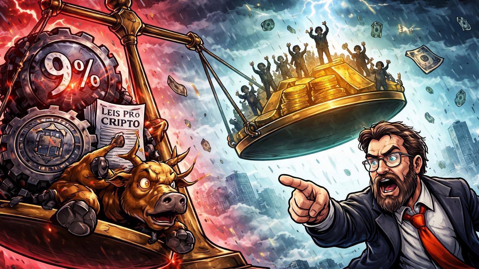 Balança desequilibrada com touro cripto afundando sob pesos do Fed e crítico alertando, enquanto ouro e euro sobem, ilustrando alertas de Roubini contra bull market