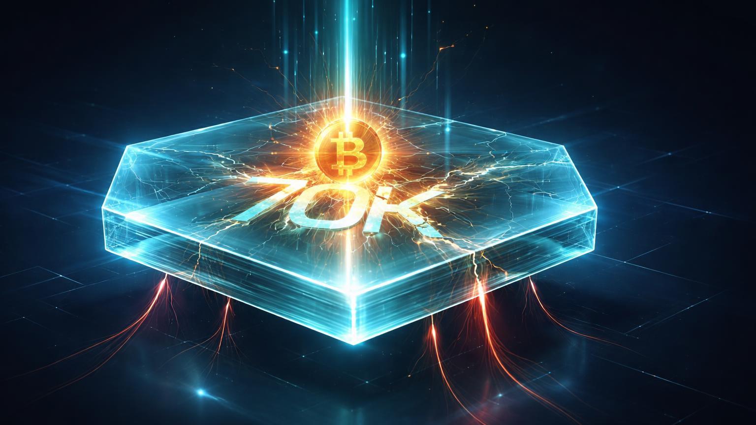 Plataforma de vidro translúcido com núcleo dourado e marca 70K em tensão, simbolizando Bitcoin testando resistência em meio a medo e potencial alta