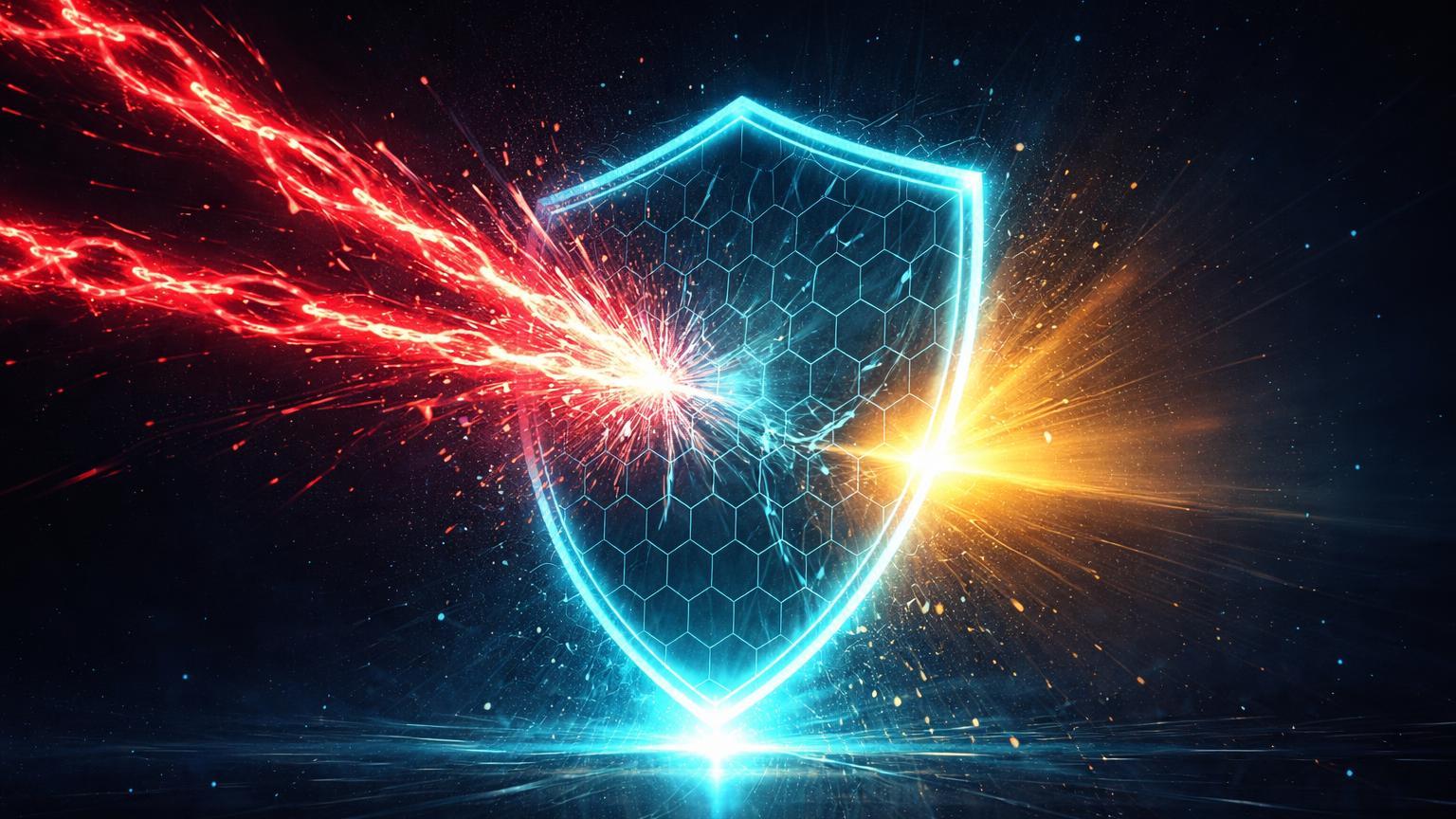 Correntes vermelhas de energia fragmentando contra barreira cyan translúcida com luz dourada emergente, simbolizando exaustão de venda em Solana e Ethereum