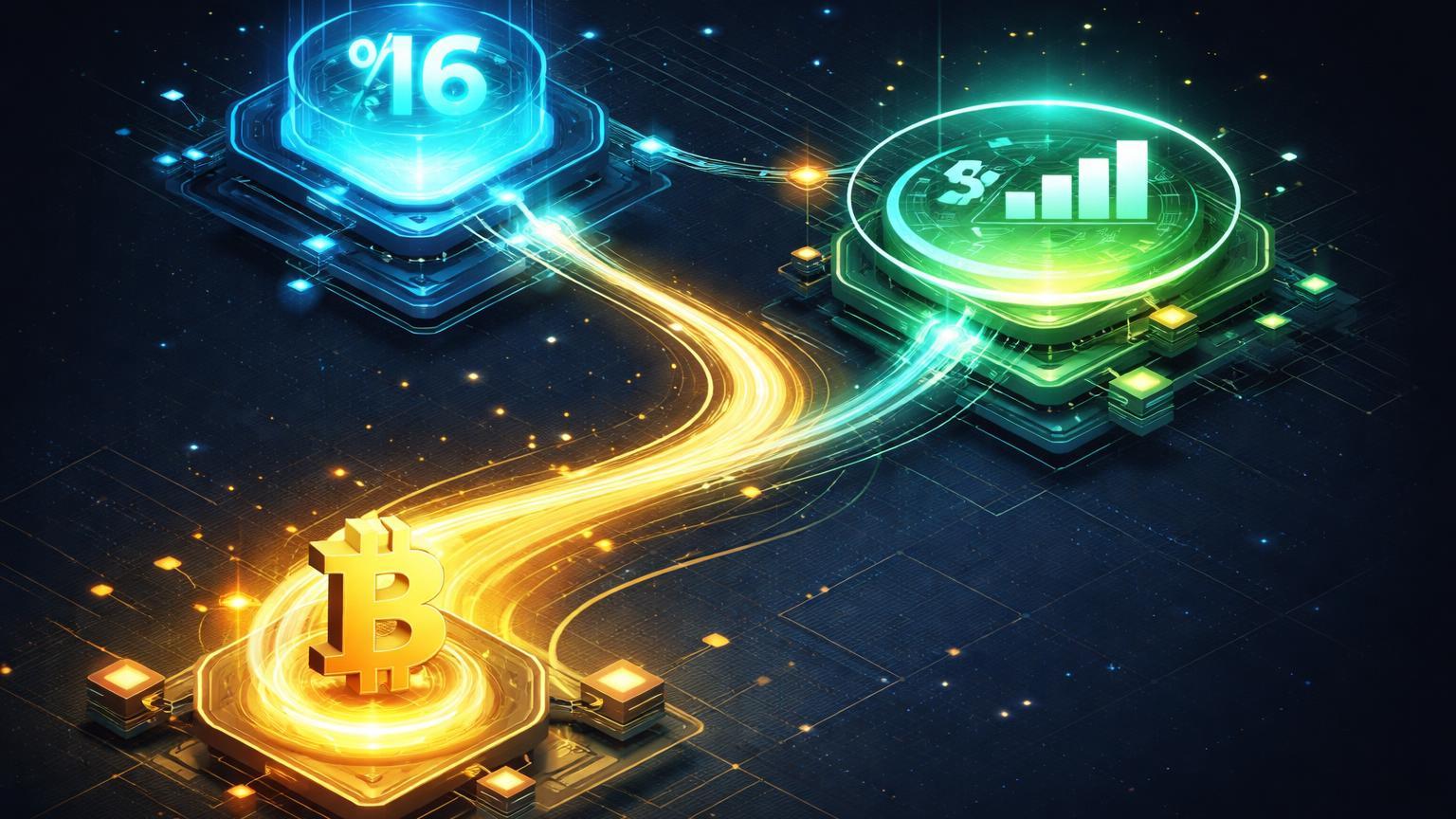 Rede isométrica DeFi com fluxo dourado rotacionando de âncora Bitcoin para nodos cyan pulsantes, simbolizando recordes de Aster e Hyperliquid