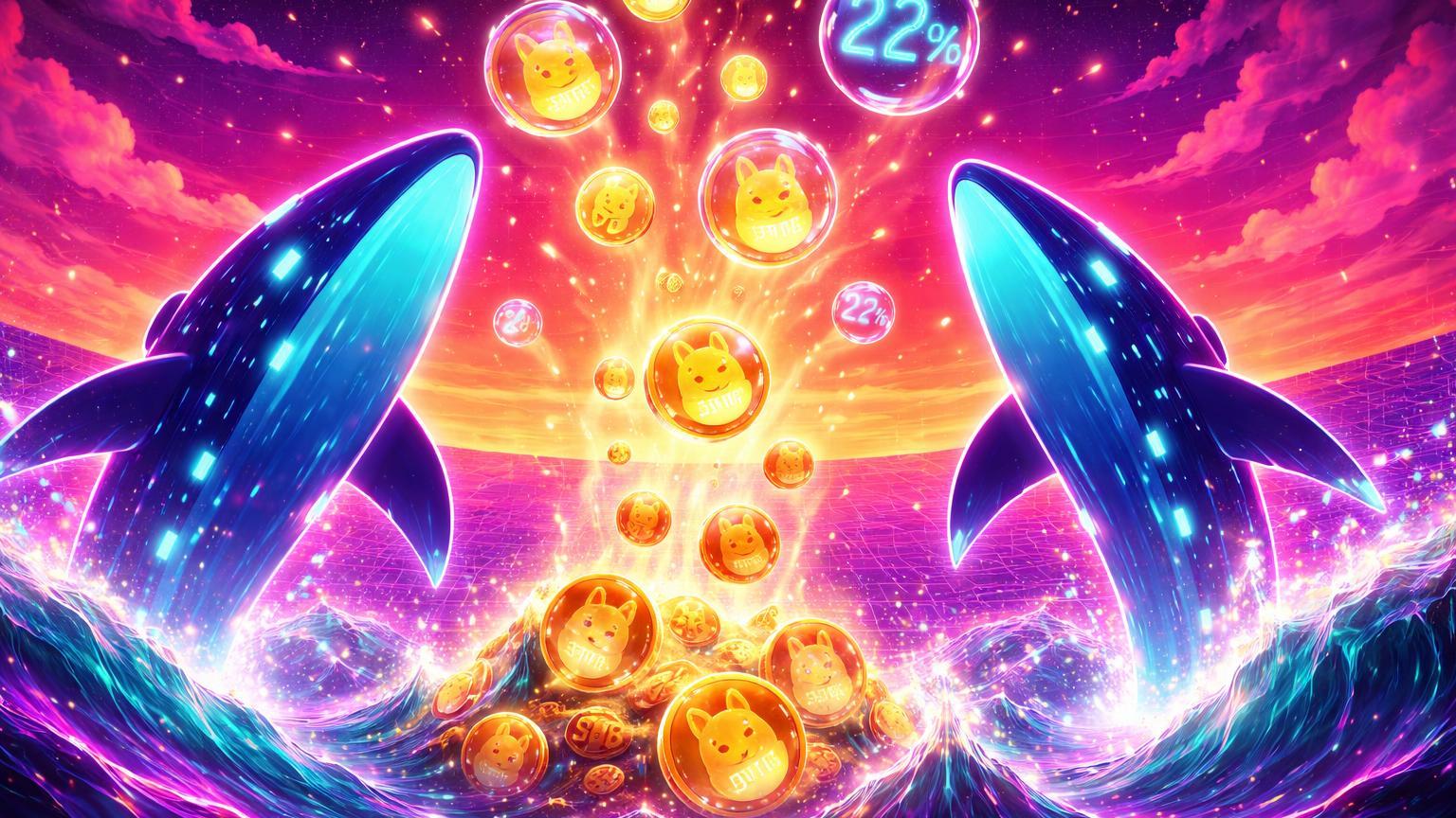 Silhuetas vaporwave de baleias emergindo de oceano digital recolhendo tokens SHIB em alta de 22%, contrastando com pânico do mercado de memes