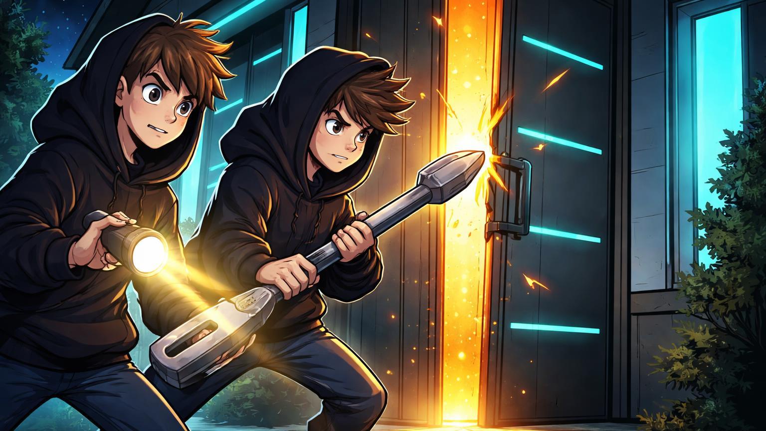 Adolescentes cartoon com chave de fenda arrombando porta high-tech, luz dourada vazando, ilustrando risco de roubo físico de cripto em casa