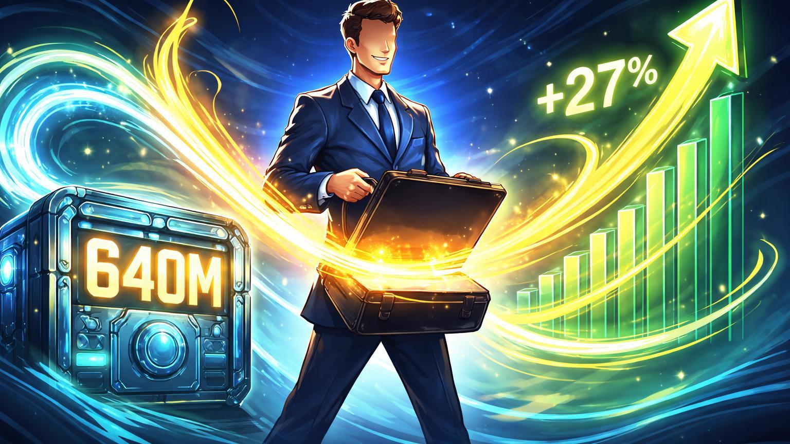 Investidor cartoon direcionando fluxo de liquidez para cofre de exchange com 640M e gráfico de ação subindo 27%, em ondas de mercado oscilante