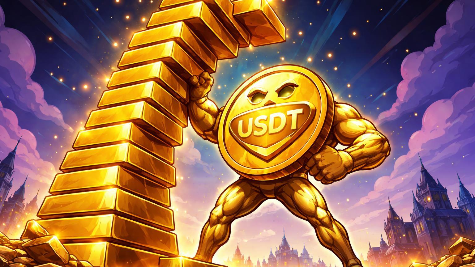 Personagem Tether cartoon empilhando torre de ouro colossal superando castelos nacionais, simbolizando reservas recordes da USDT