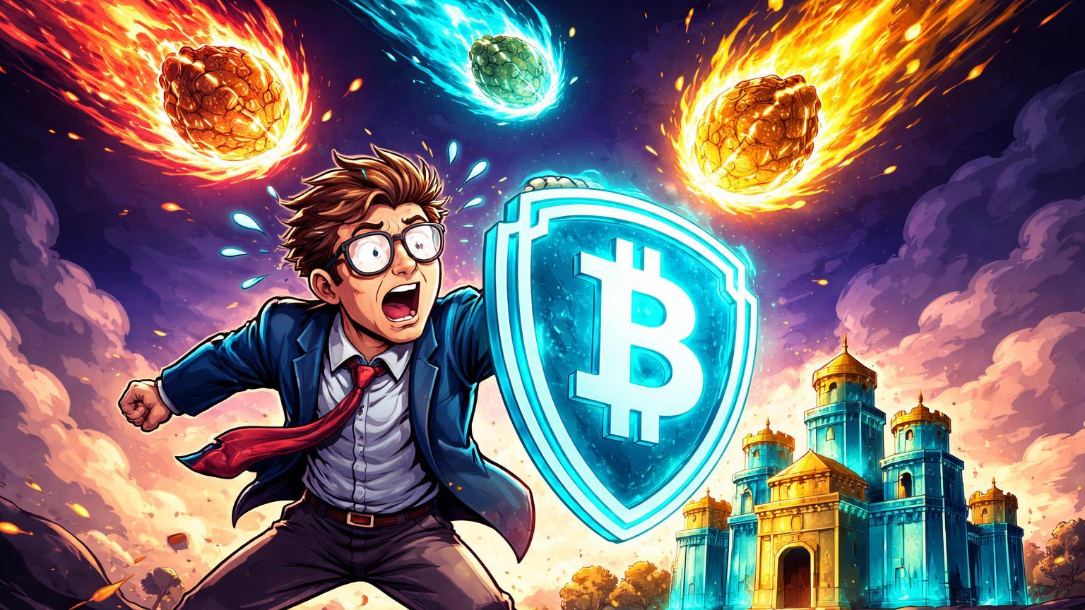 Investidor cartoon erguendo escudo BTC contra três meteoros flamejantes, simbolizando preparação para eventos econômicos que impactarão criptomoedas