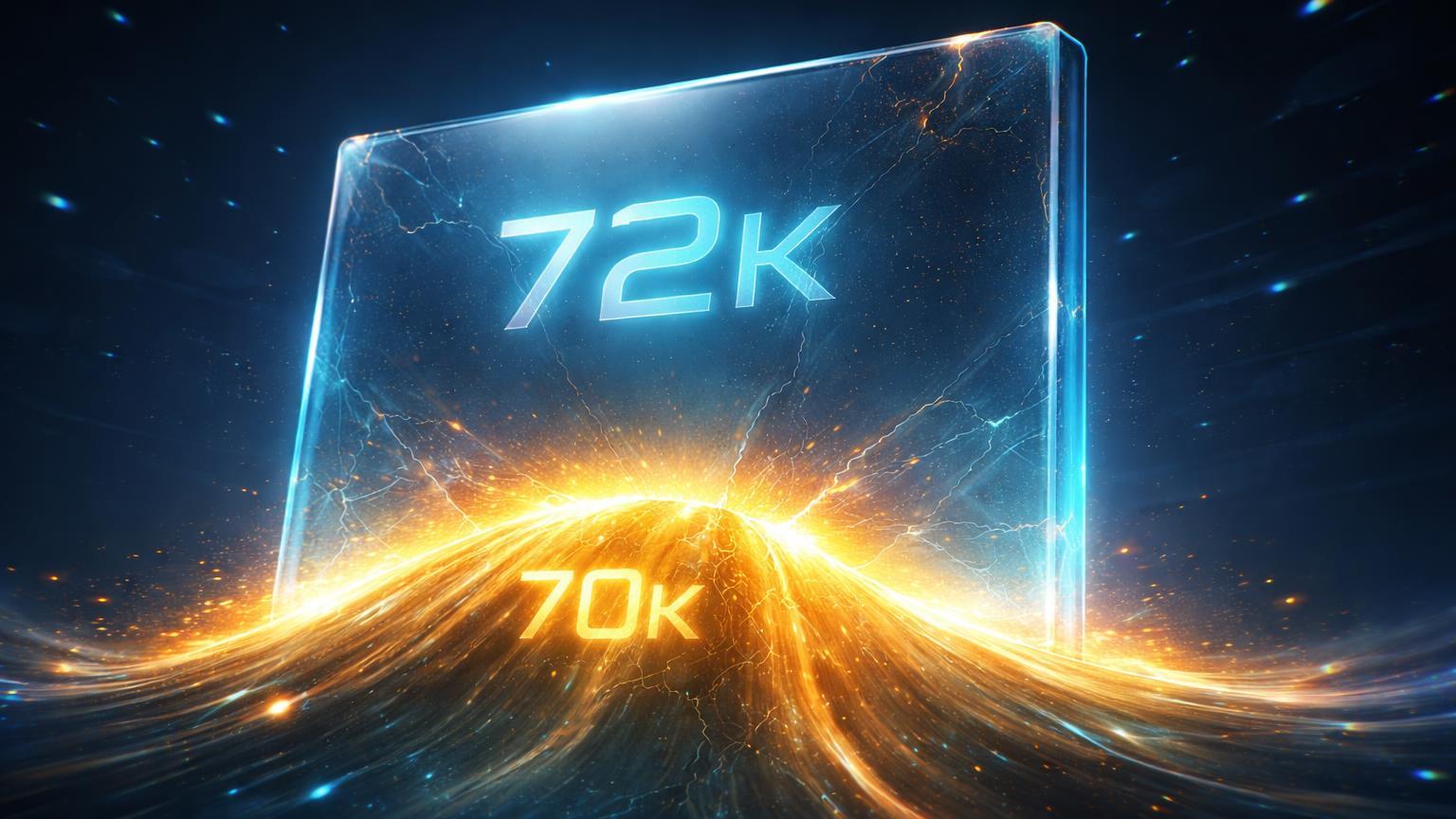 Barreira glassmorphic translúcida marcada 72K pressionada por onda dourada de Bitcoin em 70K com tensão laranja, simbolizando resistência técnica chave