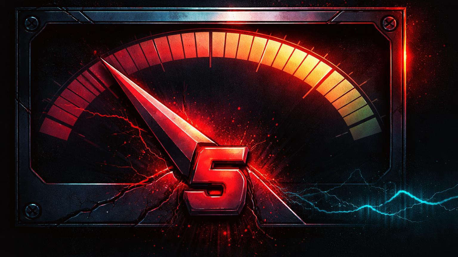 Medidor brutalista com agulha em 5 vermelho e rachaduras, simbolizando medo extremo no índice e buscas baixas por cripto