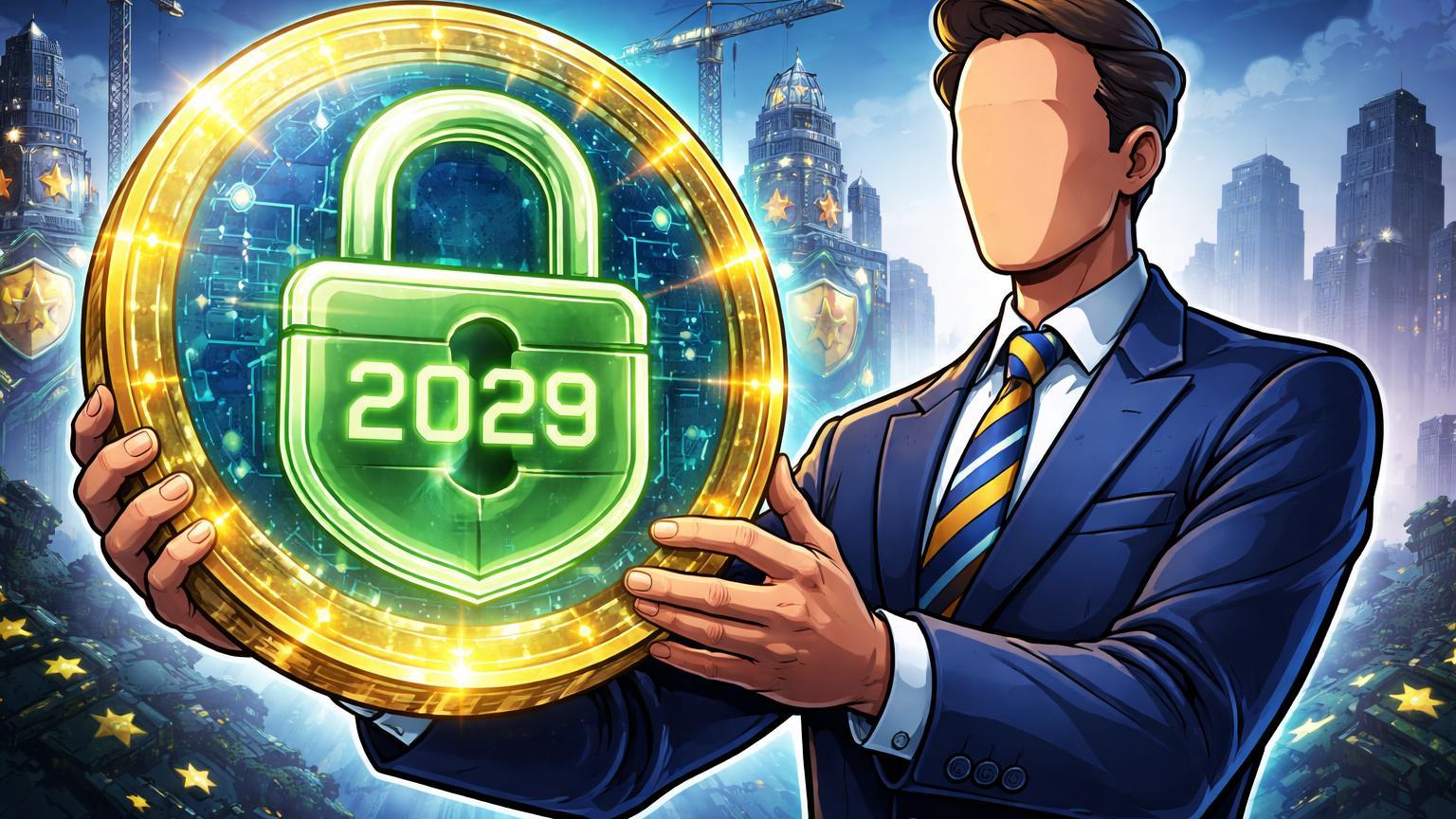 Burocrata europeu cartoon com euro digital e cadeado de privacidade 2029, erguendo fortaleza contra servidores americanos, ilustrando plano BCE para CBDC