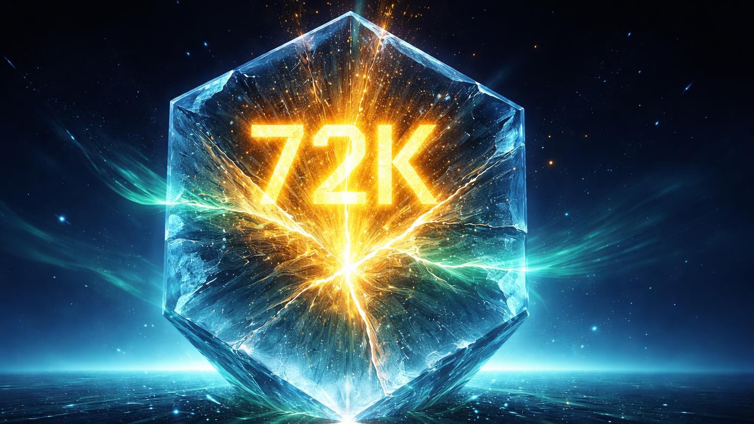 Cristal gelado rachando com luz dourada formando 72K, ondas cyan e verde se espalhando, simbolizando recuperação do Bitcoin e mercado cripto