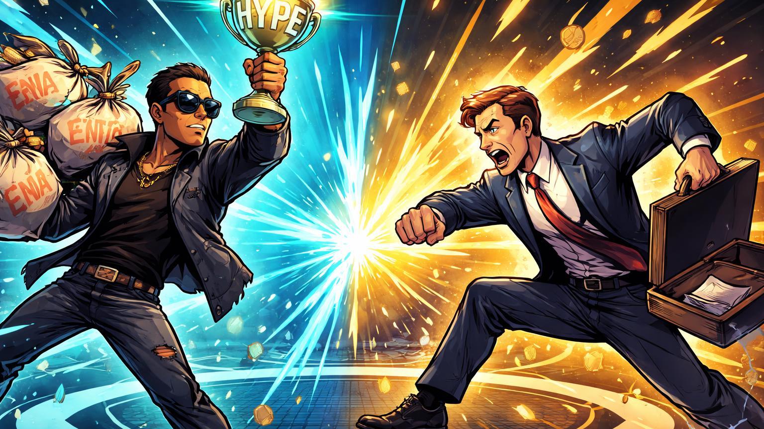 Personagens cartoon de Hayes despejando tokens DeFi e erguendo troféu HYPE contra executivo Multicoin em arena digital, expondo conflito no mercado cripto