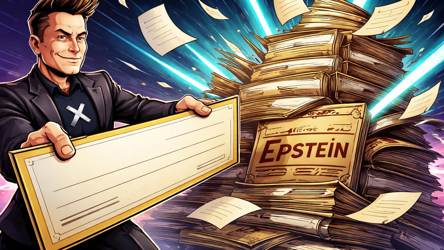 Personagem Musk cartoon oferecendo cheque em branco a pilhas de documentos Epstein, simbolizando oferta por verdades no escândalo e impacto financeiro