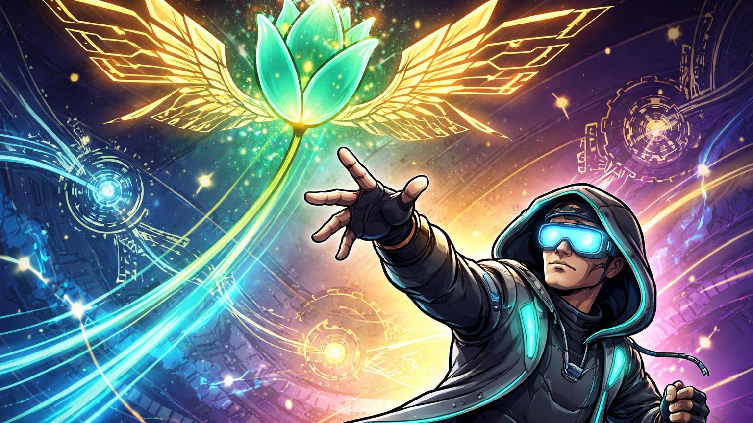 Personagem dev cartoon lançando tulipa alada cibernética com glow dourado, simbolizando lançamento da Flying Tulip por Andre Cronje em DeFi
