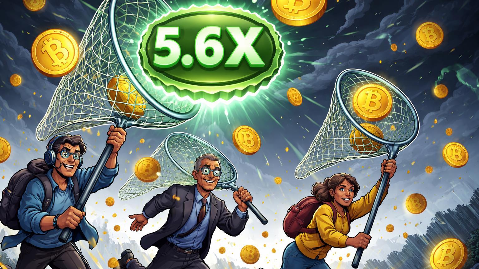 Investidores cartoon capturando Bitcoins dourados em chuva de queda com redes, selo 5.6X simbolizando compras 5,6x maiores por brasileiros