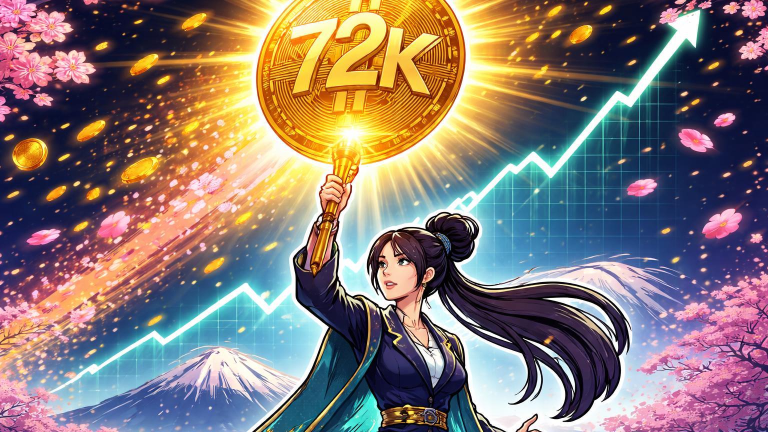 Política japonesa cartoon erguendo bastão que impulsiona Bitcoin com 72K a céu, com Nikkei ascendente e cerejeiras douradas, simbolizando vitória eleitoral impulsionando preço