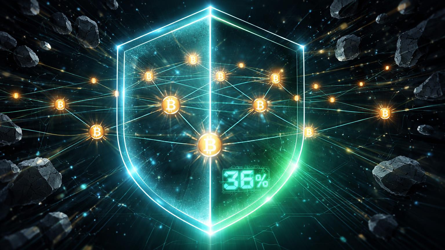 Rede de nós Bitcoin dourados protegida por barreira hexagonal filtrando spam Ordinals, com 36% de espaço recuperado simbolizando BIP-110