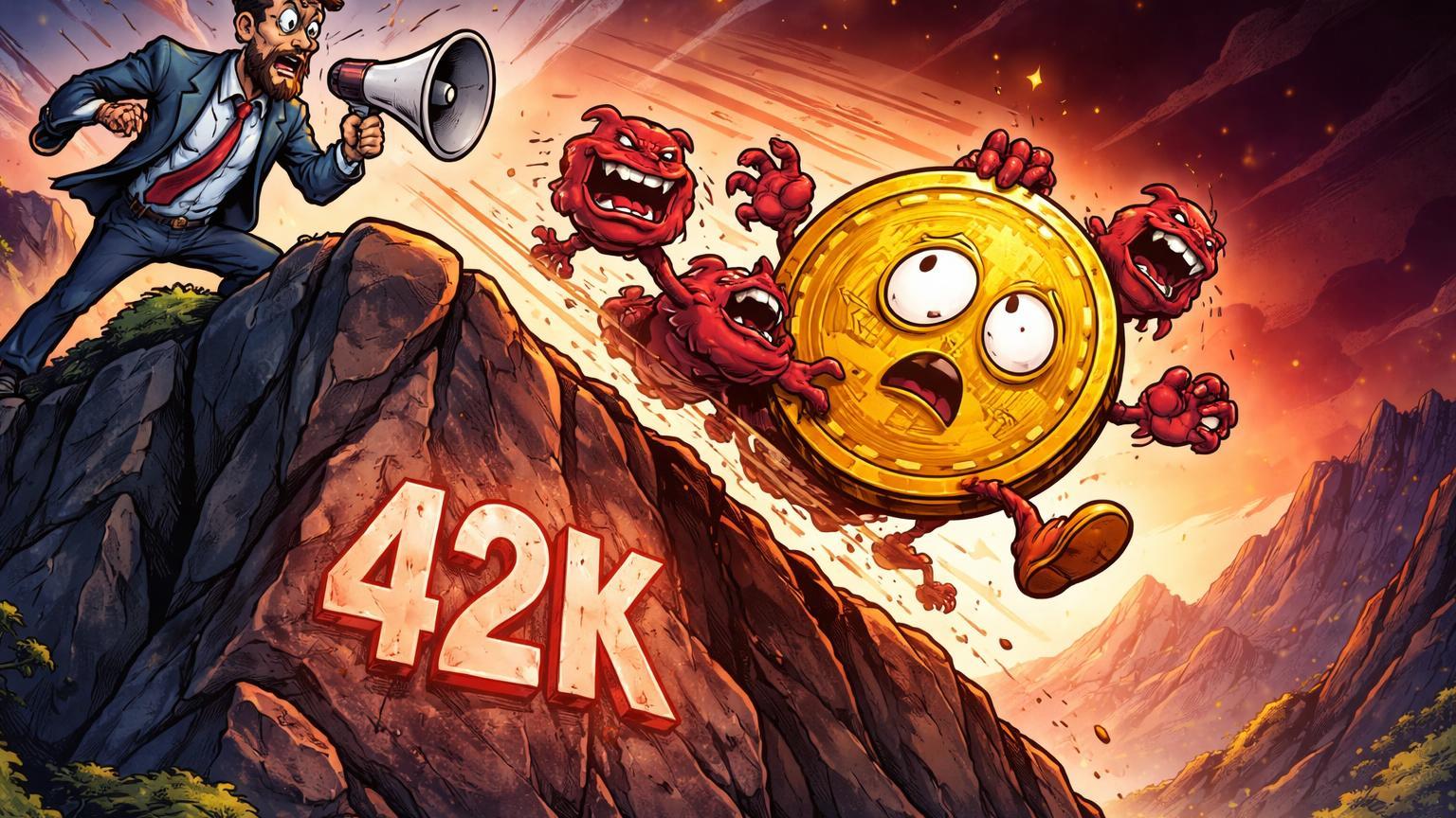 Investidor cartoon alertando com megafone enquanto Bitcoin rola para marca 42K sabotado por scam tokens vilões