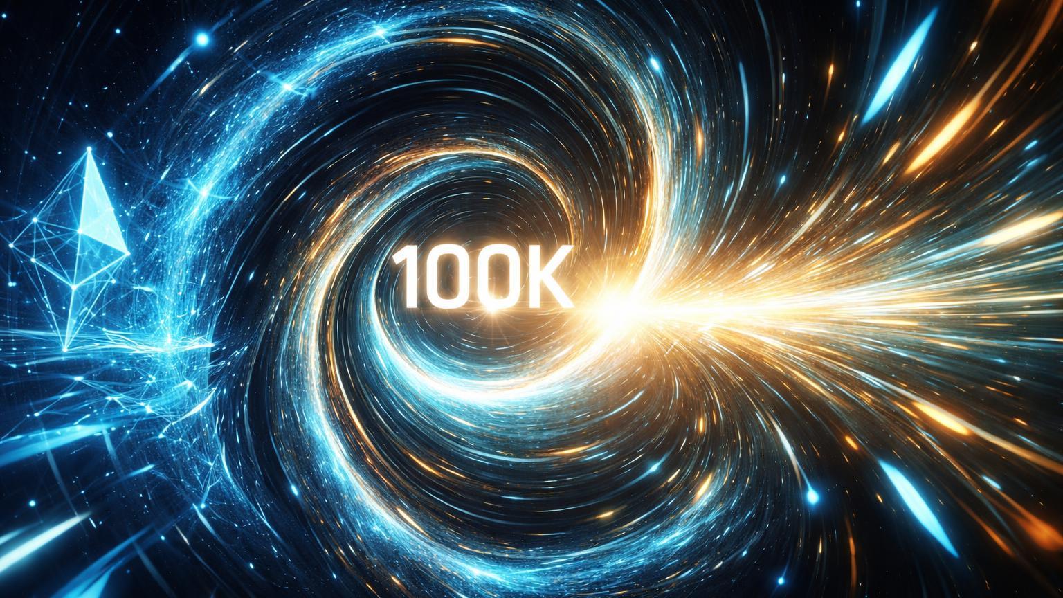 Wormhole digital espiralado expelindo fluxo de partículas cyan e douradas a alta velocidade com '100K' central, simbolizando mainnet MegaETH e Rabbithole em L2 Ethereum