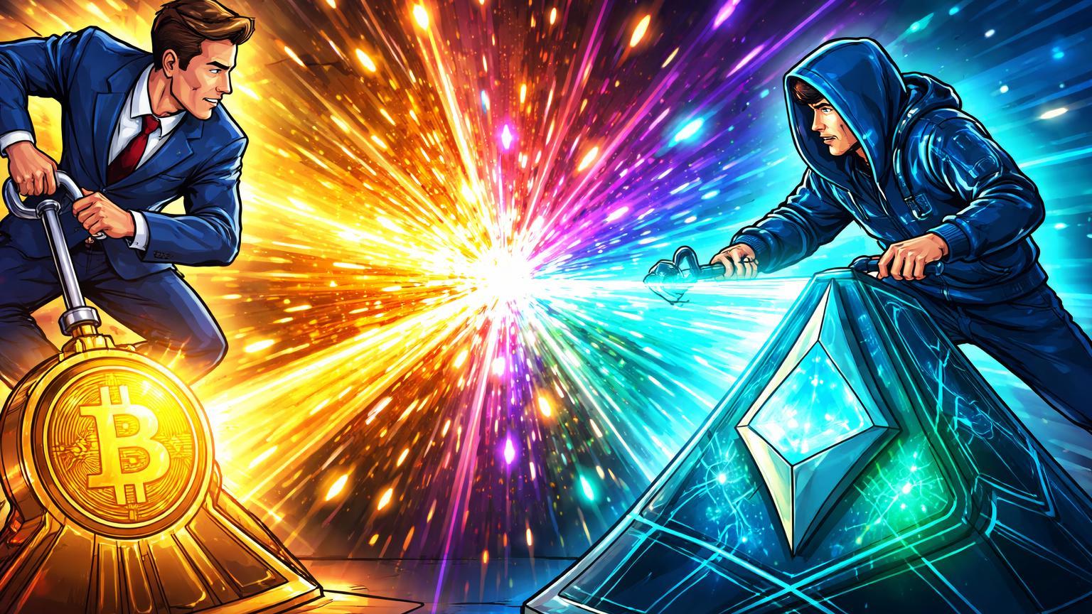 Executivos cartoon redirecionando energia dourada de Bitcoin para prisma XRP, simbolizando outflows institucionais e inflows recordes