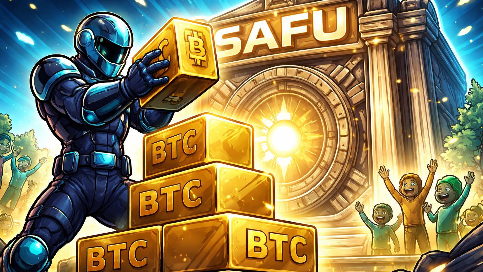 Guardião cartoon empilhando blocos BTC em cofre SAFU, protegendo usuários felizes, sinalizando reservas seguras da Binance