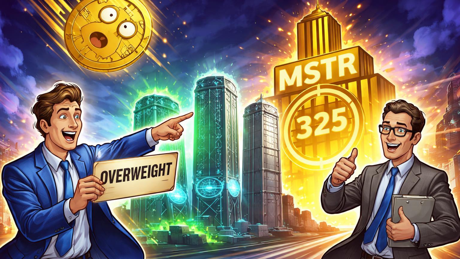 Analistas cartoon de Wall Street recomendando mineradoras Cipher, TeraWulf e MSTR com thumbs up enquanto Bitcoin cai, vendo oportunidade na baixa