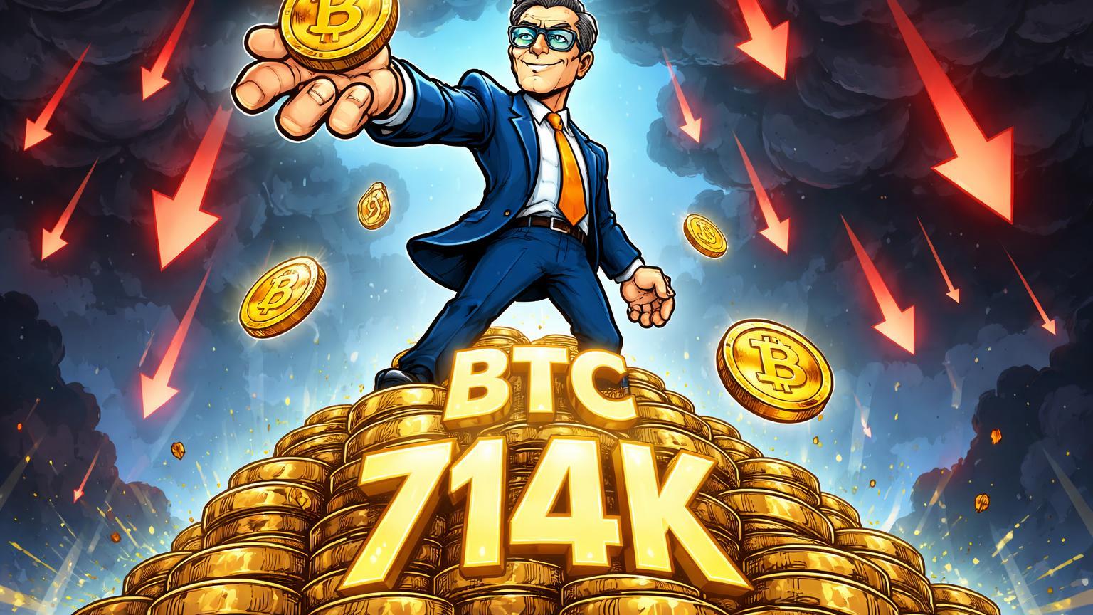 Personagem cartoon de Saylor coletando Bitcoins em pilha crescente durante tempestade de queda, simbolizando resiliência e compras institucionais de 714K BTC