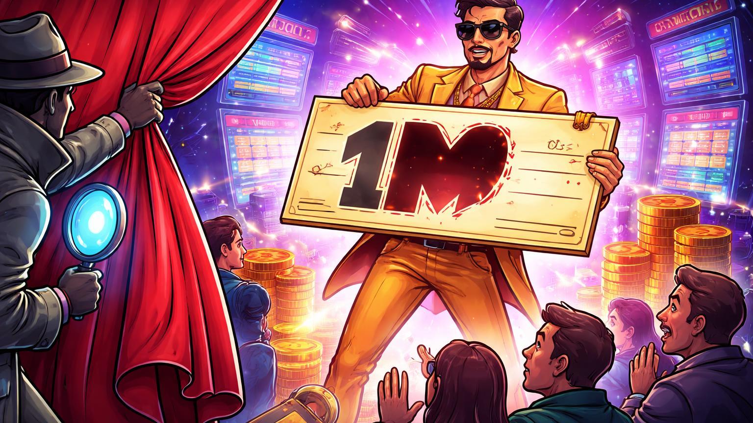 Detetive cartoon expondo influenciador com cheque falso de 1M vazio, ilustrando fraude de aposta no Polymarket exposta por ZachXBT