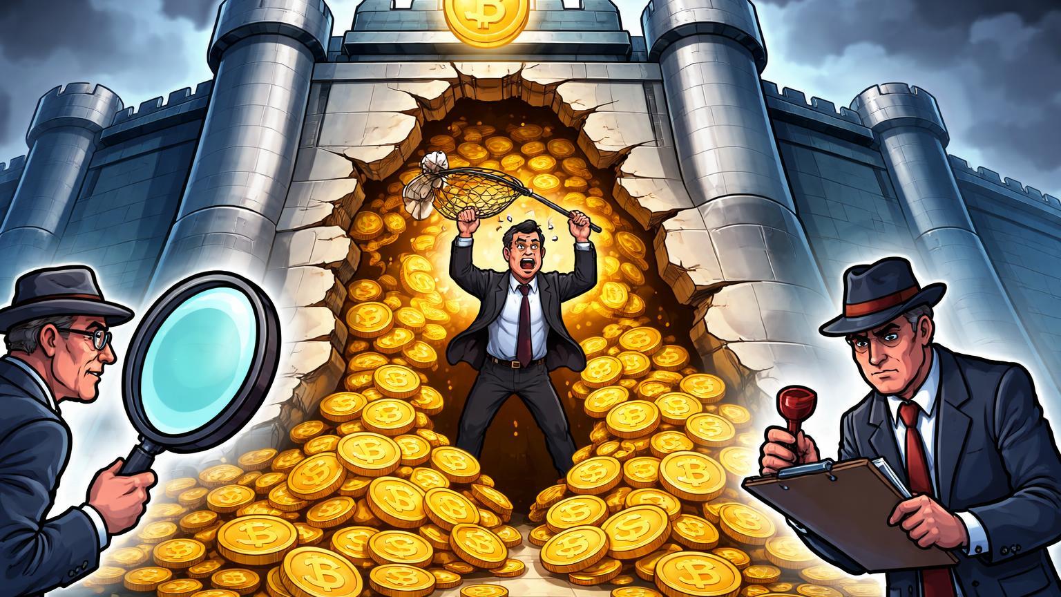 Fortaleza de exchange com brecha expondo pilhas de Bitcoin dourado, reguladores cartoon investigando, simbolizando crise da Bithumb e FSC