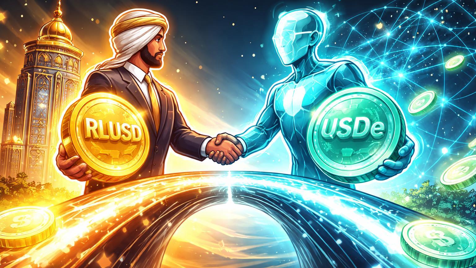 Personagens cartoon de banqueiro árabe e figura DeFi conectando tokens RLUSD e USDe sobre ponte luminosa, simbolizando expansão Ripple e recompensas HTX