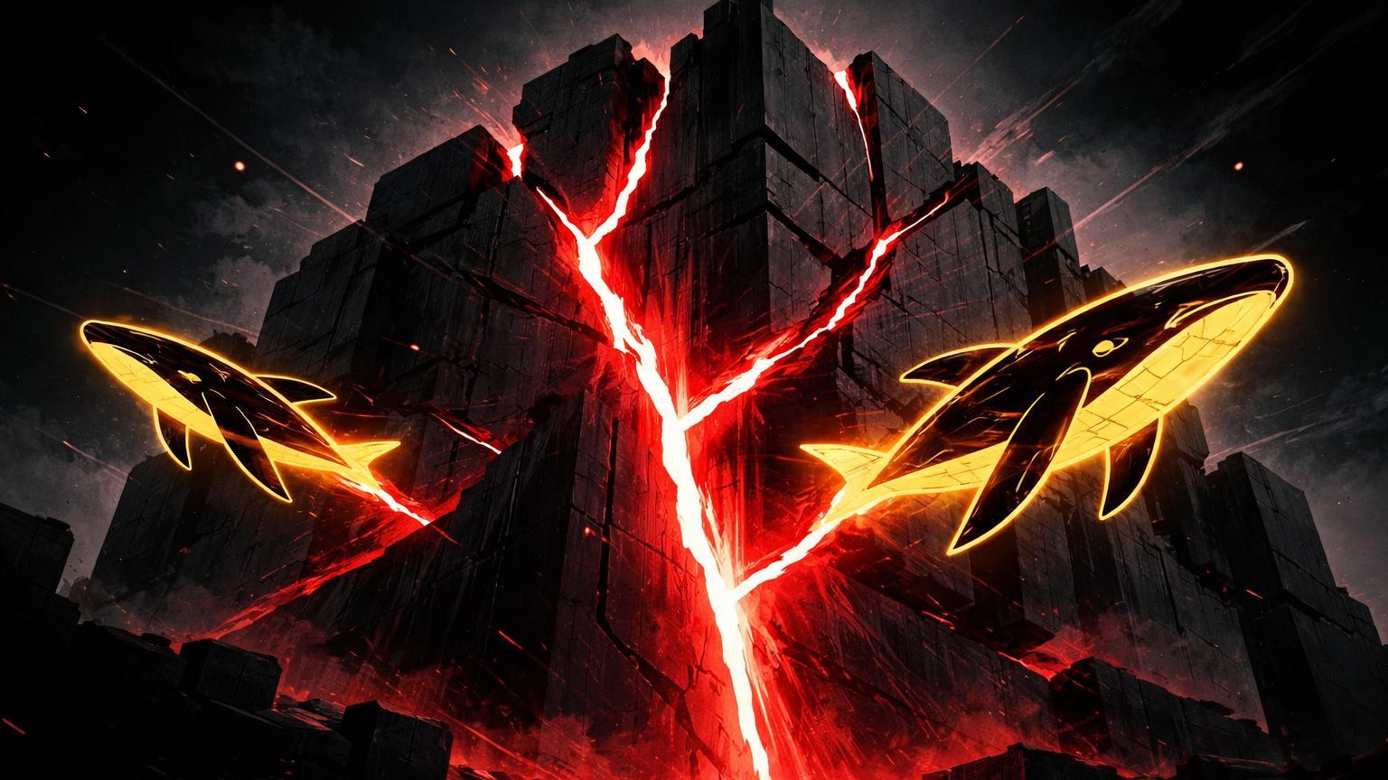 Fortaleza brutalista rachada emitindo luz vermelha com silhuetas de baleias fugindo, representando crise de confiança e baleias abandonando Cardano