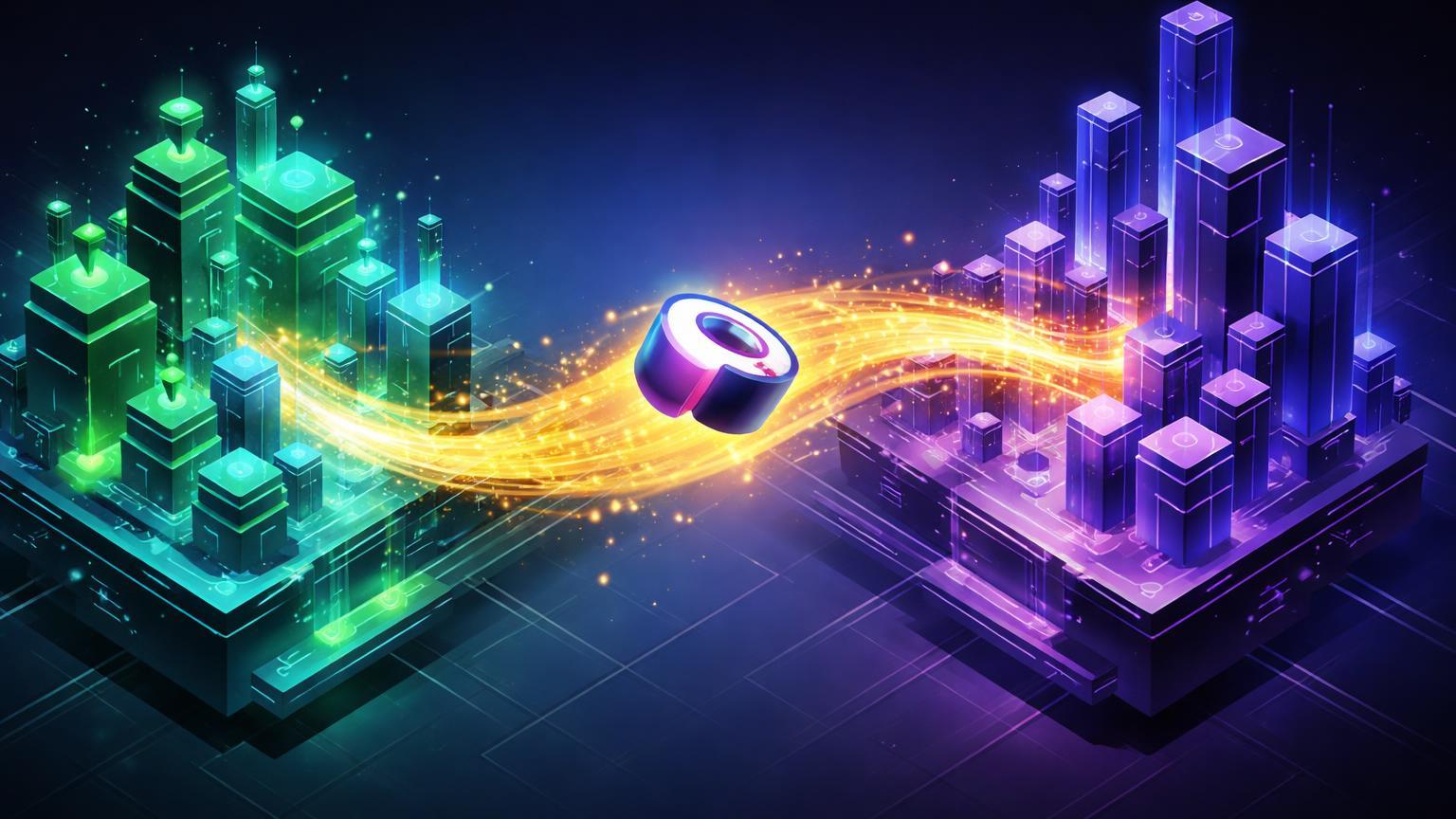 Clusters isométricos de Solana e Avalanche conectados por ponte dourada com fluxos RWA, ilustrando integrações DeFi de SushiSwap e FUSD