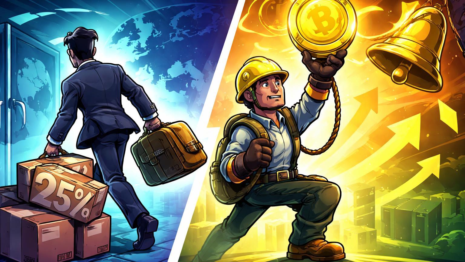 Personagens cartoon: Gemini migrando para Singapura com pilha de 25% demissões, Backpack construindo token justo atrelado a IPO, ilustrando reestruturações em exchanges