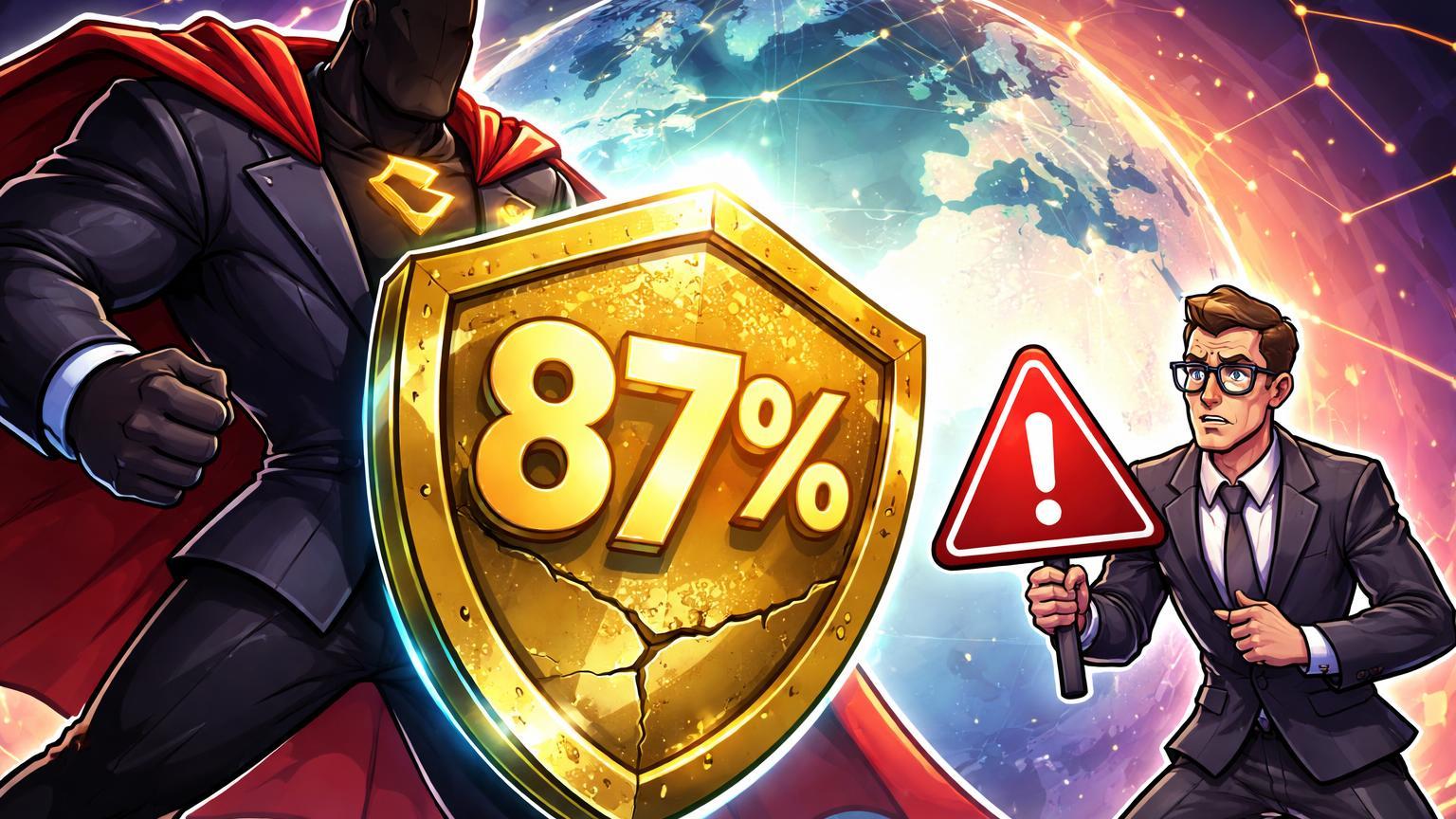 Gigante cartoon da Binance segurando stablecoin com 87% dominante, enquanto burocrata FMI alerta com placa vermelha, destacando riscos geopolíticos