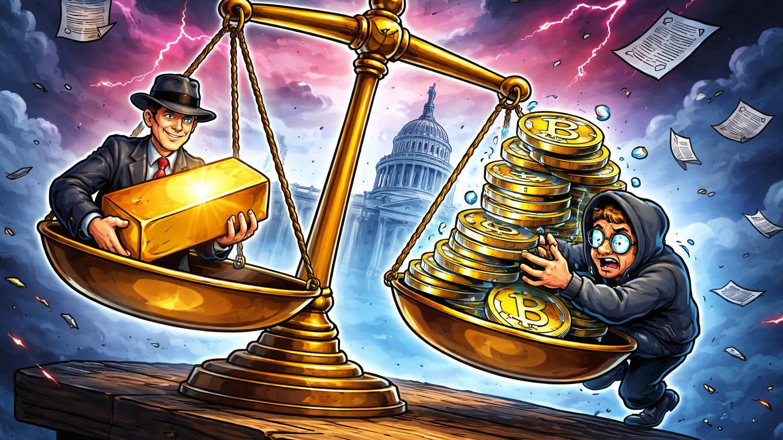 Balança cartoon com investidor tradicional segurando ouro superando trader cripto com Bitcoin caindo, sob nuvens de shutdown EUA